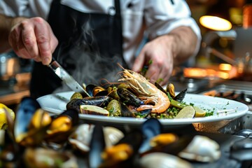 Gourmet Shrimp Preparation by Chef, Close-Up of Fresh Seafood, Hands Crafting Delicacy
