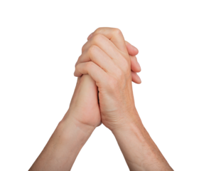 Hands supporting, helping and giving together. Clasped and intertwined fingers interlocked, isolated holding in white gesture. Human position anatomy, natural body part, transparent cutout PNG