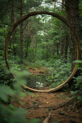 Obraz premium Minimalist aesthetic of a curved mirror reflecting a tranquil, distorted forest scene,