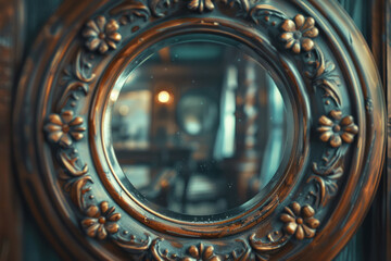 Elegant shot of a vintage warped mirror reflecting a modern, minimalist interior,