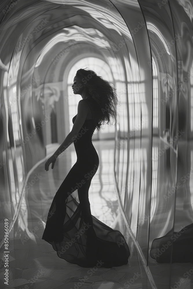 Poster elegant shot of a curved mirror reflecting the fluid lines of a dancer in motion,