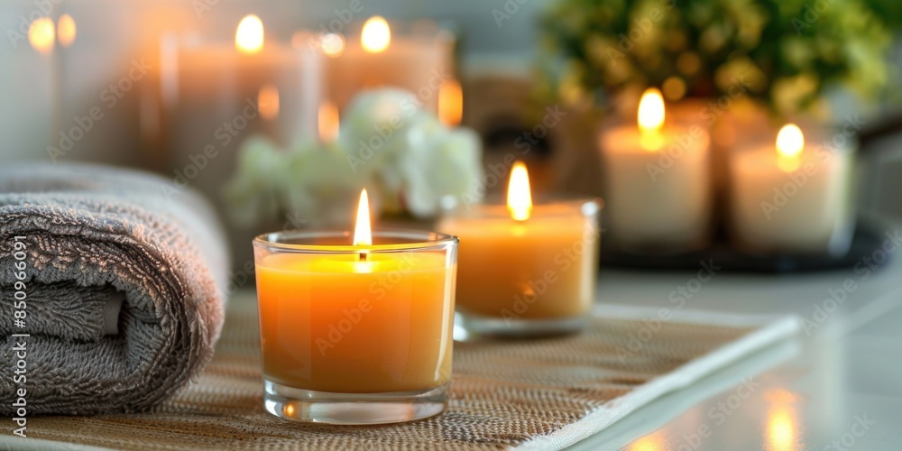 Poster soft glow of candles on a table with neatly folded towels