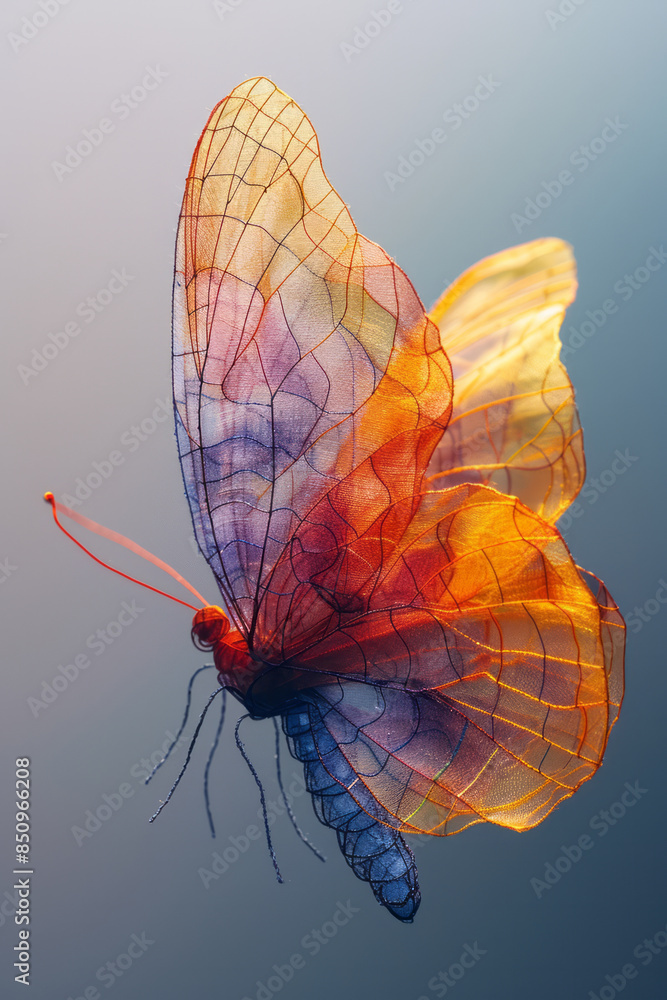 Fototapete Simple image of a string art butterfly, with colorful threads forming delicate wings on a minimalist background,