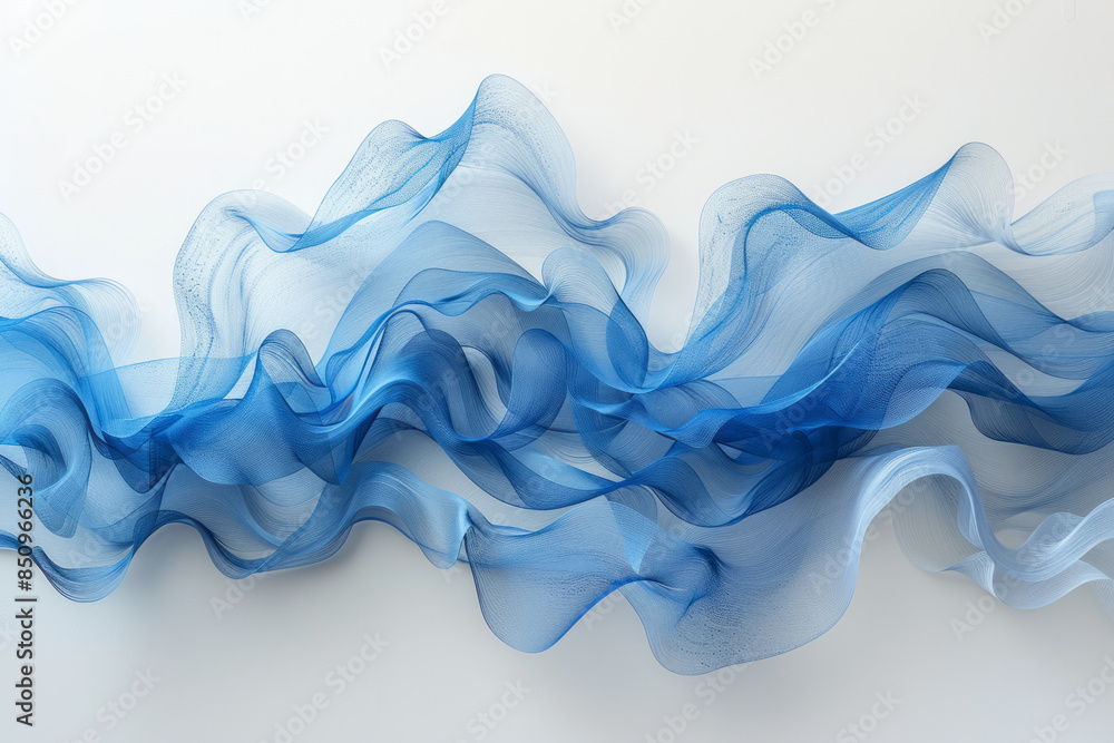Poster minimalist shot of a string art wave, with blue threads curving gracefully on a white board,