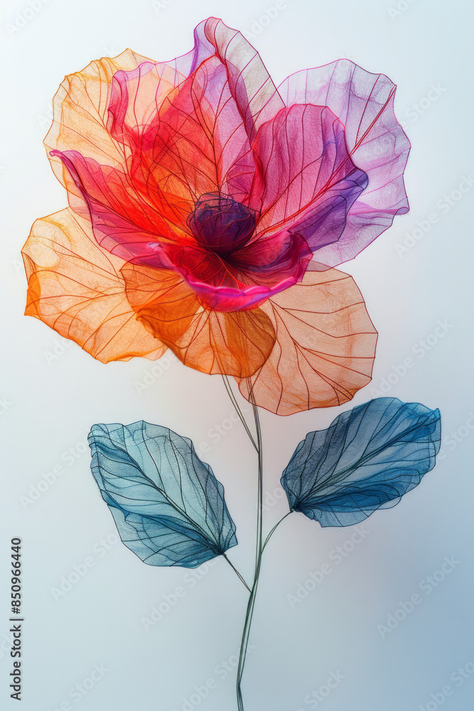 Poster simple image of a string art flower, with colorful threads forming petals on a plain white board,