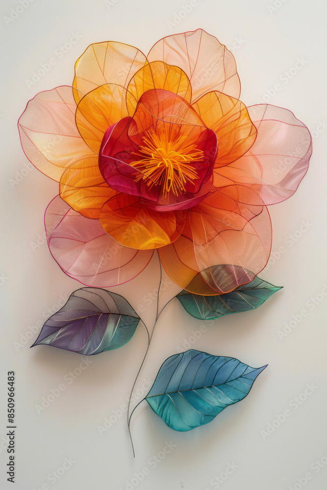 Poster simple image of a string art flower, with colorful threads forming petals on a plain white board,