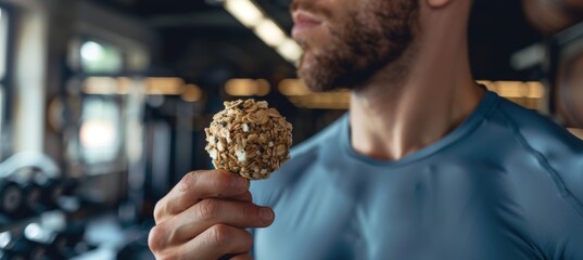 Fitness Enthusiast Enjoying Gluten-Free Protein Snacks in a Gym Setting for Post-Workout Nutrition