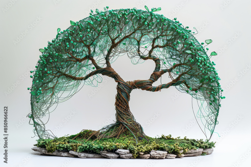 Poster Simple image of a string art tree of life, with green and brown threads on a plain white canvas,