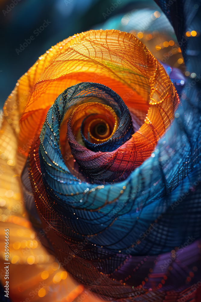 Poster minimalist aesthetic of a string art spiral, with colorful threads creating a dynamic design,