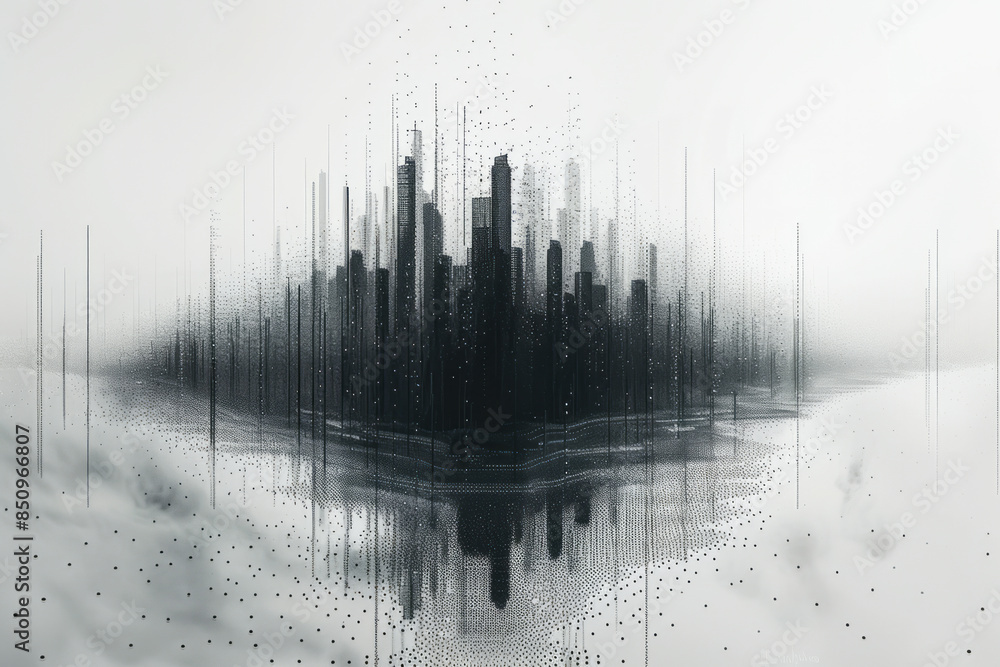 Fototapete minimalist image of a string art cityscape, with grey threads creating a skyline on a white board,