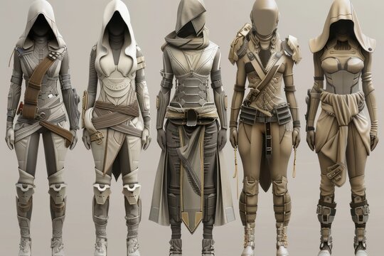 Diverse array of female warrior costumes, showcasing futuristic design and armor