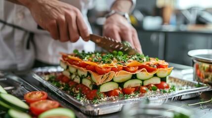 Raw Food Chef Demonstrates Layered Raw Lasagna Preparation with Fresh Vegetables in Professional Kitchen