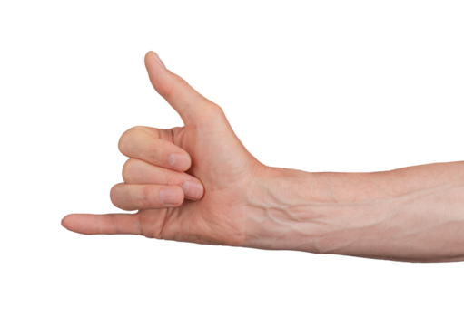 Thumb and little finger gesture, hand surf surfer. Signal cool call shaka isolated symbol man phone. Hawaii concept, sea background beach expression. Reach outstretched,, transparent cutout PNG