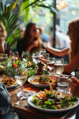 Obraz premium Group of Friends Enjoying Gluten-Free Dining at Trendy Restaurant - Social Gathering Atmosphere