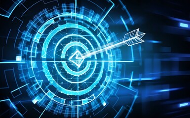 Abstract digital target with an arrow in the center. Growth strategy or financial goal concept. Futuristic low poly wireframe vector illustration on blue technology modern background. The bull's eye.