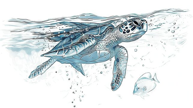   A drawing of a sea turtle swimming in the ocean with fish in both the foreground and background