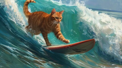 Illustration showing a cat riding a surfboard on the waves. Ai generated image