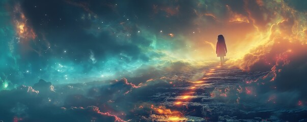 Fototapeta premium a girl walking on cloud stair way with glow light shine around, stairway to heaven, fantasy background with copy space, 