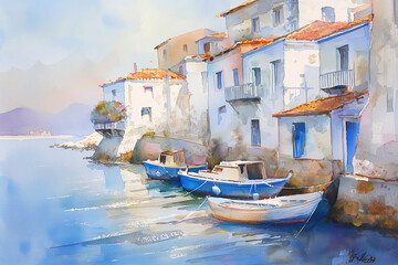 Obraz premium A magnificent sea side with white and blue roof houses], boats, and tide, watercolor painting, delicate brushwork, soft pastel colors