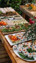 Elegant Raw Food Buffet Arrangement with Sushi, Vegetable Platters, and Raw Desserts for Weddings or Events