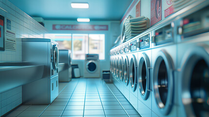 Obraz premium Empty Laundry Room with Washing Machines and Dryers, Clean and Bright