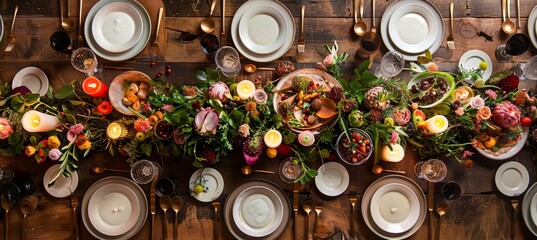Elegant Raw Food Dinner Setup with Candlelit Ambiance Featuring Floral Arrangements and Exotic Dishes