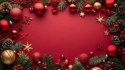 Christmas Ornament Border On Red Background