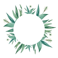 Watercolor floral frame with green leaves and plantain flowers. © Anastasiia