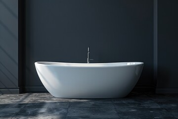 A white oval bathtub on dark blue background. A white bathtub in a stylish modern design. Modern interior.