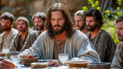 group of men, including Jesus Christ, sitting around a table, eating food in a historic scene of the Last Supper.