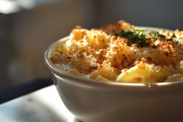 A bowl of pasta with cheese and breadcrumbs on top