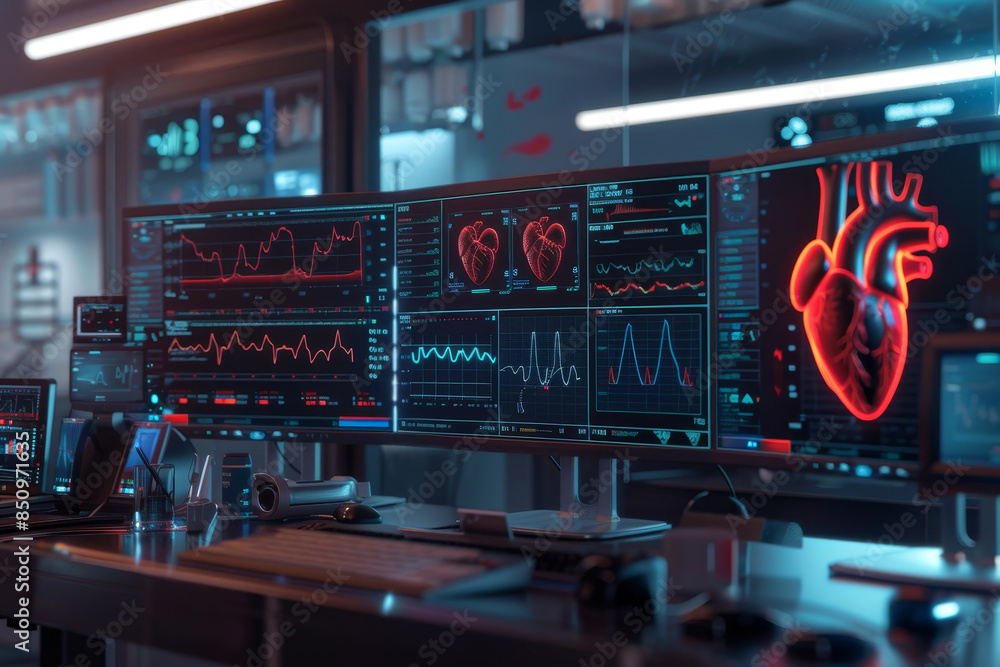 Poster a computer monitor displays a heart on the screen