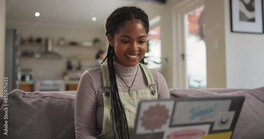 Poster woman, laughing and couch with laptop for creative study, elearning and online course with smile. wr