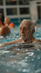 Fototapeta premium Senior Man Engaging in Aquatic Exercise for Joint Pain Relief at Indoor Pool Facility