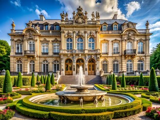 Obraz premium A Beautiful Fountain In A Formal Garden With A Large Mansion In The Background.