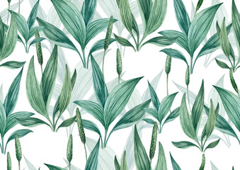 Seamless watercolor floral pattern with green leaves and plantain flowers.