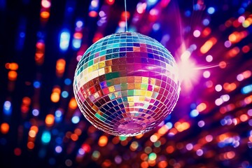 Obraz premium shiny disco ball hanging on ceeling and on colourful bokeh background 