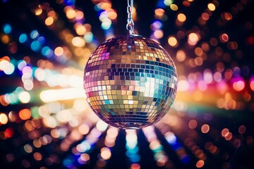 shiny disco ball hanging on ceeling and in colourful bokeh background 