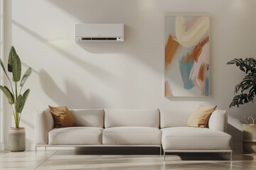 A white couch with a brown pillow sits in front of a large painting