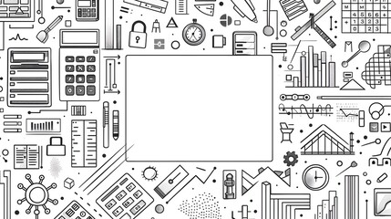 Minimalist Doodle Page Border Design with Blank Center for Mockup Background of Office Tools Digital Security Icons and Geometric Patterns