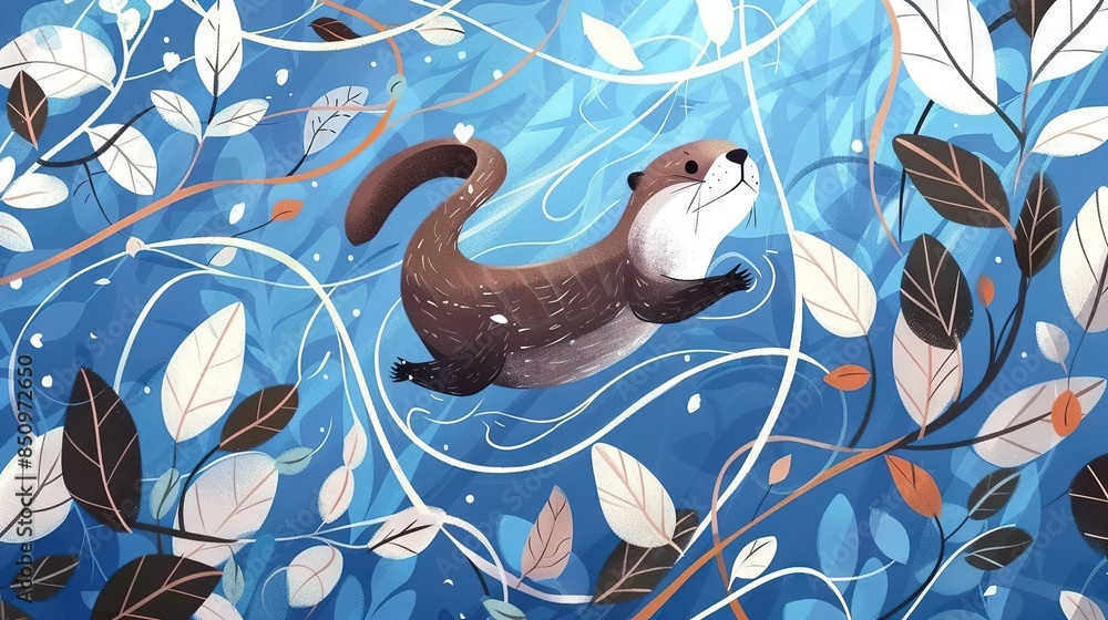 Sticker painting of a beaver in a leafy-surrounded body of water with branch details