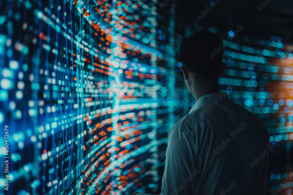 Poster a man is looking at a computer screen with a lot of lines and numbers