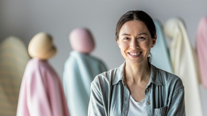 Fototapeta premium A woman smiling in front of a group of people made out of paper, AI