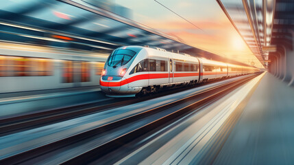 Photo of a high-speed train in motion with a blurred background