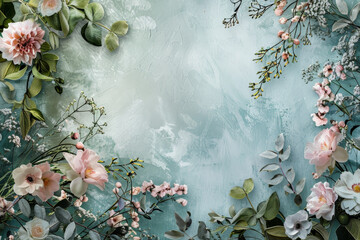 A blue background with pink flowers and green leaves
