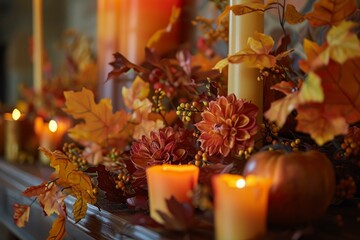 Intimate fall decor with lit candles among colorful autumn leaves and berries