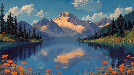 Fototapeta premium A mountain lake painting with orange flowers and a blue cloud-filled sky