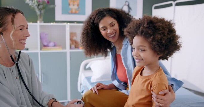 Healthcare, doctor and high five with consultation, child and checkup with breathe, results and cardiology test. Pediatrician, kid and medical professional with diagnosis, stethoscope and appointment