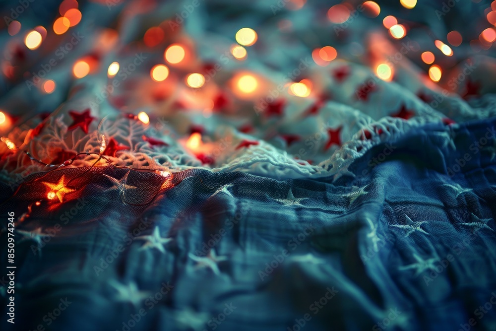 Poster abstract holiday themed background with glowing lights and star patterns on a textured fabric