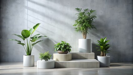 Fototapeta premium podium for product presentation. Wooden and white marble surface. Photo studio, minimal and modern. Green plant and leaves on the side of the image.